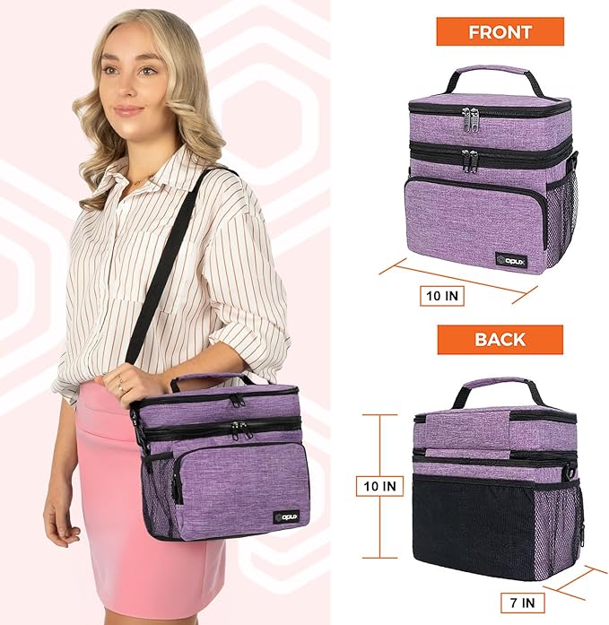 opux Insulated Lunch Bag for Men Women, Large Dual Compartment Cooler Bag, Soft Two Deck Lunch Box for Work School Picnic, Leakproof Lunch Tote with Shoulder Strap for Kid Adult (Purple, Double Deck)