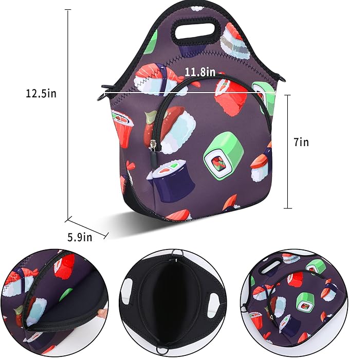 Violet Mist Womens Sushi Lunch Bag Neoprene Insulated Lunch Bag Tote Cute Cartoon Handbag Large with Pocket Detachable Adjustable Shoulder Colorful