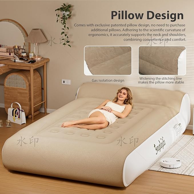 16" Queen Air Mattress Full with Built in Pump for Camping,Portable Blow up Mattress with Carry Bag,High-Speed Pump,Luxury Inflatable Mattress Comfort Flocked Airbed for Guest,Home(Khaki)