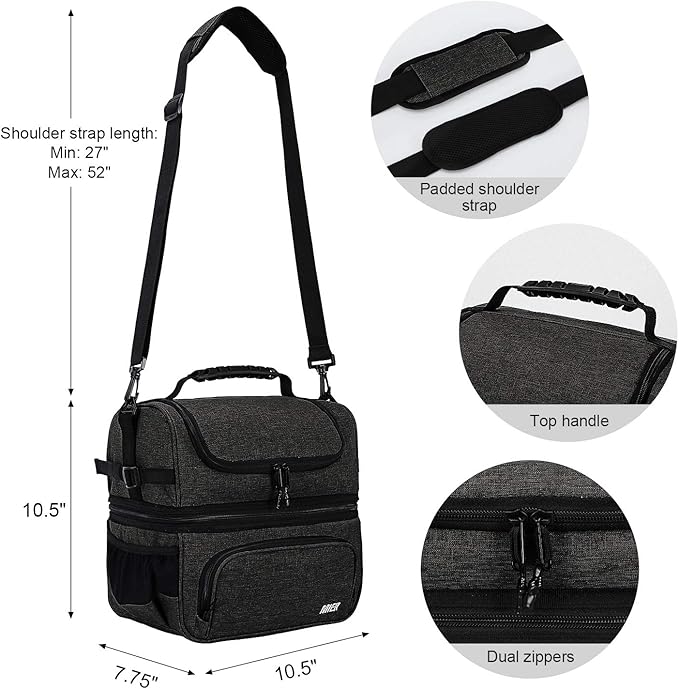 MIER Dual Compartment Lunch Bag Tote with Shoulder Strap for Men and Women Insulated Leakproof Cooler Bag, Dark Grey