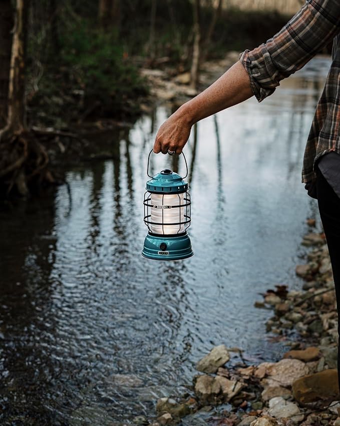 Barebones Forest Lantern – Teal, Vintage Rechargeable LED Lantern with Adjustable Brightness – Battery Operated Camping Light for Outdoor Adventures, Backyard Gatherings, and Emergency Use