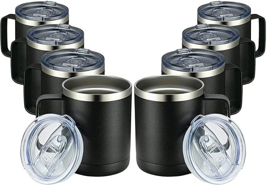 MEWAY 12oz Coffee Mug With Handle 8 Pack Bulk,Stainless Steel Insulated Travel Tumblers With Sliding Lid,Double Wall Vacuum Camping Cup for Hot & Cold Drinks Tea (Black, 8)