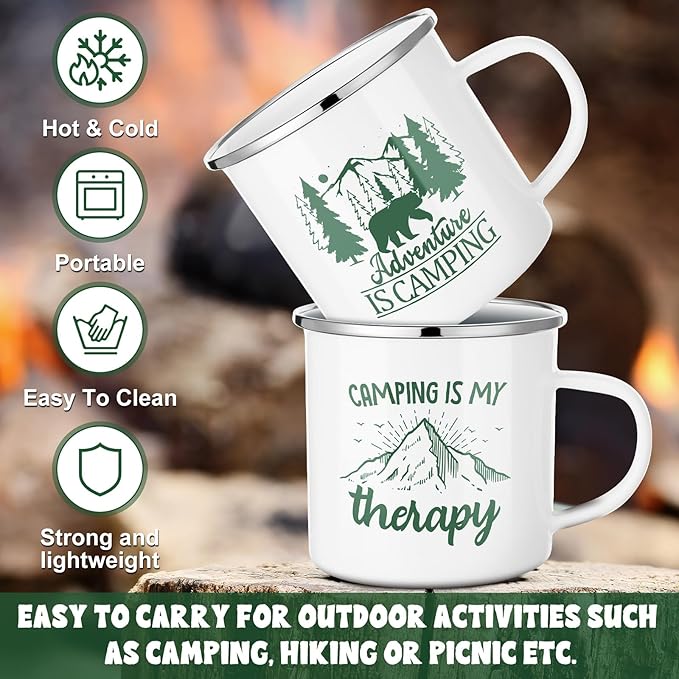 Pickmesh 6 Pcs Camping Mugs Enamel Cups 12oz Coffee Cups with Handle Camping Gifts for Outdoor Hiking Backpacking Lovers(Elegant Style)