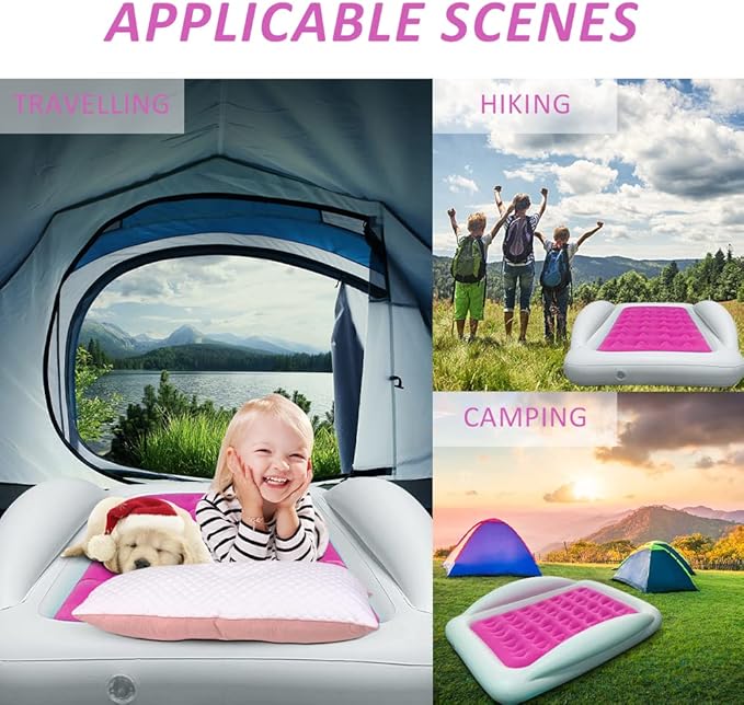 Inflatable Kids Travel Bed Toddler Air Mattress Set,Portable Blow Up Mattress Sleeping Bed Cot with Bed Rails and Electric Pump Ideal for Road Trip