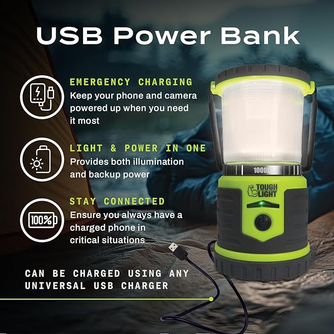 USB Rechargeable Camping Lantern, 1000 Lumens LED Lantern, Tent Lamp, 12000mAh Power Bank, 400 Hour, 7 Modes, Candle Feature, for Outdoors & Emergency