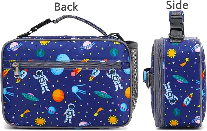FlowFly Kids Lunch Bag, Durable Insulated School Lunch Box with Shoulder Strap and Bottle Holder, Water-resistant Thermal Small Lunch Cooler Tote for Teen Boys & Girls,Astronaut