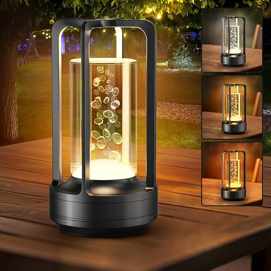 Portable Table Lamp for Outdoor Indoor: Cordless Rechargeable Desk Lamp with 3 Color Stepless Dimmable - Metal Battery Operated Small Lantern Light for Restaurant/Bedroom/Bar/Coffee Shop/Camping