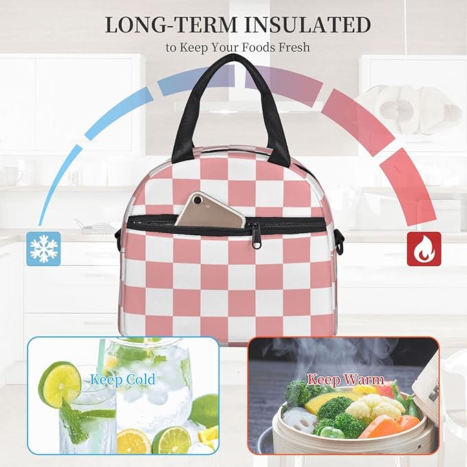 bassyil Pink Checkerboard Lunch Box Reusable Insulated Totes Lunch Bag Thermal Cooler Adjustable Shoulder Strap Bag For Men Women