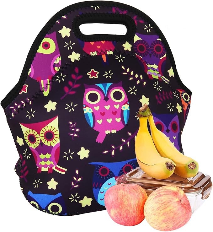 Violet Mist Neoprene Owl Lunch Bag Insulated Waterproof Lunch Bag Tote Cartoon Reusable Lunch Box Containers Food Carrying Lunch Handbags for Women men Work Thanksgiving Christmas Gift