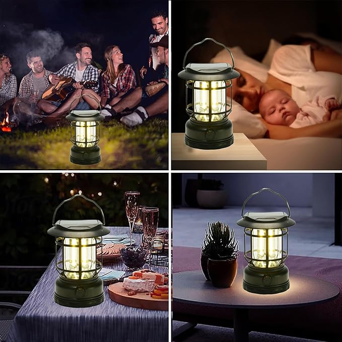 Solar Camping Lantern, USB Rechargeable Retro Dimmable Horse Camp Lamp Outdoor IPX4 Waterproof Vintage Portable Tent Light for Indoor Outages Hiking Emergency, Black