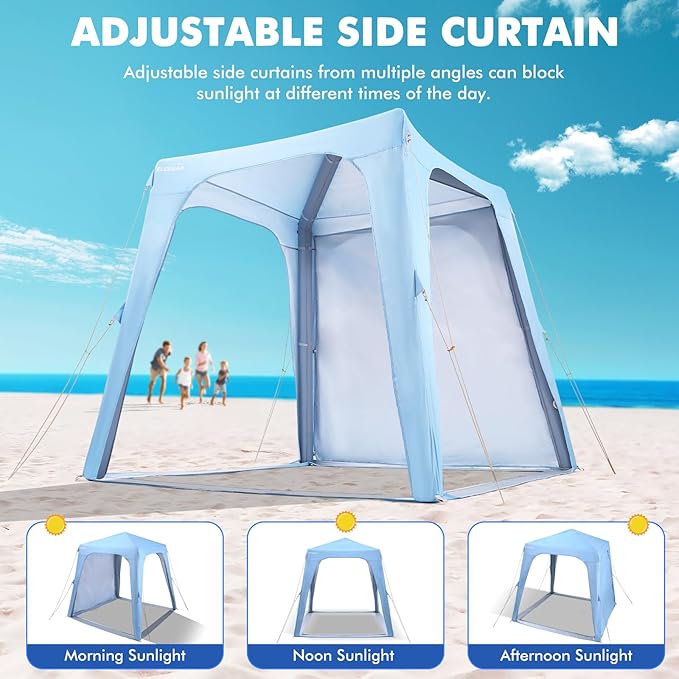 Elegear Inflatable Beach Canopy Tent, 7'x7' Beach Cabana, 30s Setup UPF 50+ UV Protection Portable Blow Up Tent Sun Shade Shelter with Side Curtain, for Camping Fishing Backyard Picnics - 6-8 Person