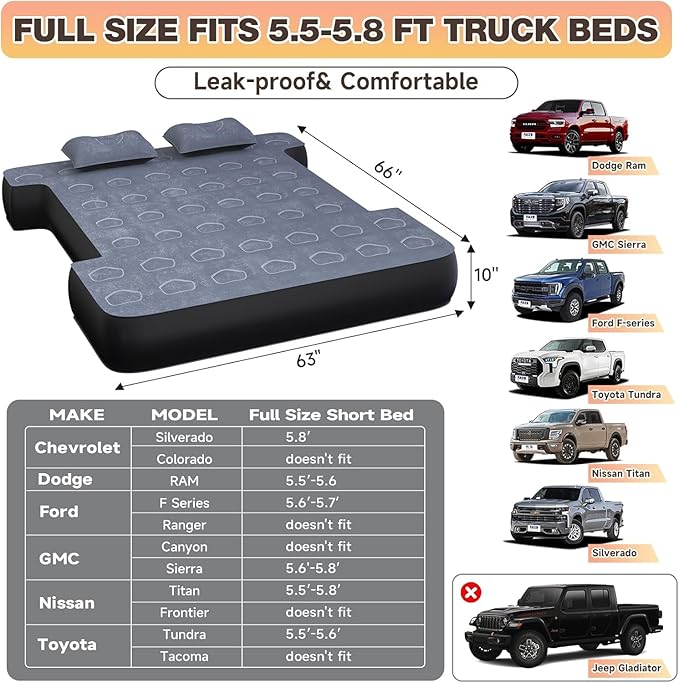Umbrauto Built-in Pump Air Mattress for 5.5-5.8ft Full Size Truck Bed, Inflatable Airbed with Rechargeable Cordless Pump for Truck Tent Camper