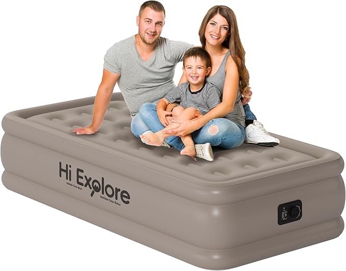 Air Mattress Twin with Built in Pump Raised, Comfort Plush Self Inflating Mattress, Inflatable Blow Up Mattress, Portable Airbed for Home, Guests, Camping(Khaki, 18” Height)