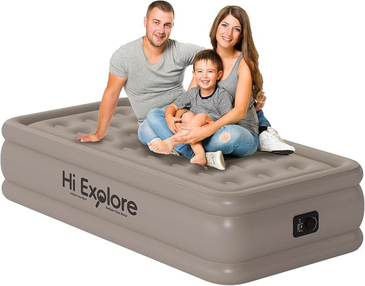 Air Mattress Twin with Built in Pump Raised, Comfort Plush Self Inflating Mattress, Inflatable Blow Up Mattress, Portable Airbed for Home, Guests, Camping(Khaki, 18” Height)