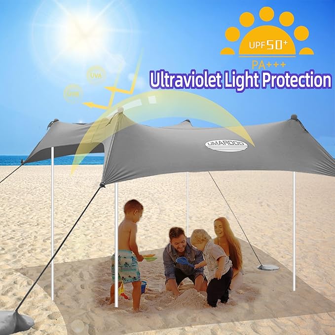 UMARDOO Family Beach Tent Canopy Sun Shade Portable, Large Compact Beach Sun Shelter Easy Setup with Packable Bag for Outdoor Travel (Grey, 10X10 FT. 4Poles)