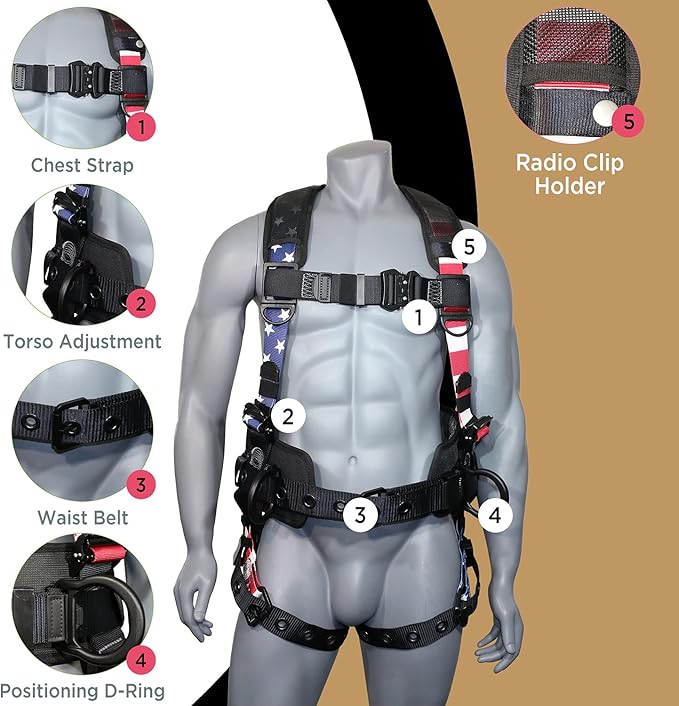 AFP Fall Protection Full-Body Premium Safety Harness, 8” Thick Support Belt, Aluminum D-Rings, Tongue Buckle (OSHA/ANSI PPE)