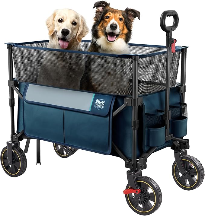 TIMBER RIDGE 350L Extra Large Collapsible Folding Wagon Carts with Brake, Heavy Duty Outdoor Camping Utility Wagons with Extended Height, Adjustable Handle, Cup Holders, Side Bag(Blue)