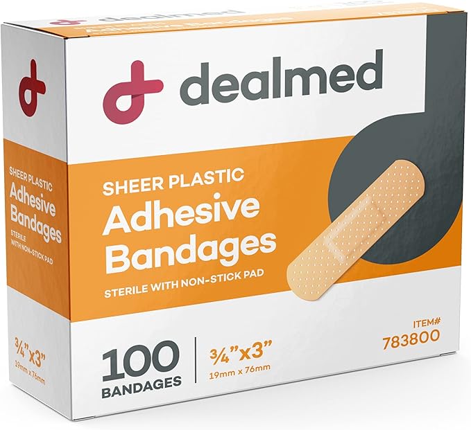 Dealmed Sheer Plastic Flexible Adhesive Bandages – 100 Count (24 Pack) Bandages with Non-Stick Pad, Latex Free, Wound Care for First Aid Kit, 3" x 3/4"