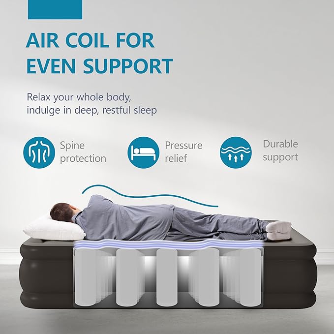 Air Mattress Full with Built in Pump Raised, with Comfortable Plush, Inflatable Blow Up Mattress, Portable Airbed for Home, Guests, Camping(Grey, 18” Height)