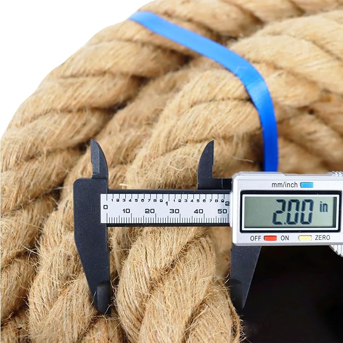 2 Inch Natural Jute Rope, 65 Feet Thick Hemp Rope, 4 Strands Twisted for Docks, Nautical, Raliings, Tree Climbing, Decorating, Indoor/Outdoor Use