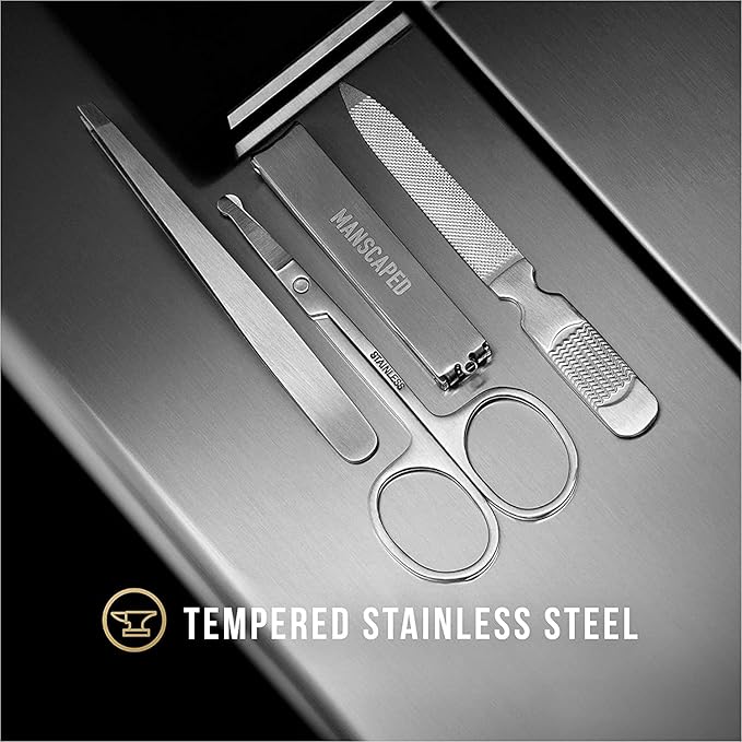 MANSCAPED® Shears 2.0 Tempered Stainless Steel Men's Nail Kit, Fingernail Clippers, Safety Scissors, Tweezers and Nail File, Travel Manicure Pedicure Set, 4-Piece Luxury Grooming Kit with Compact Case