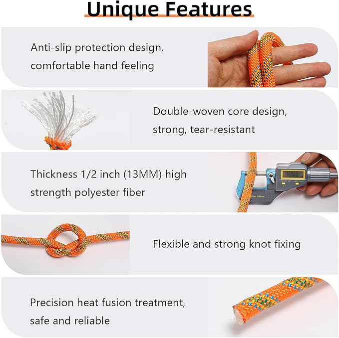 Climbing Rope, 1/2 Inch x 50 Feet Double Braided Arborist Rope Polyester for Outdoor, Climbing, Hiking, Swing, Tree Work, Halyard, Sailing etc(Orange)