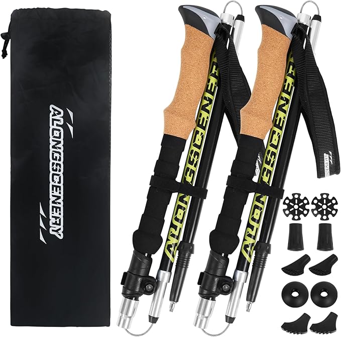 Collapsible Trekking Poles for Hiking-Lightweight Adjustable Walking Sticks with 7075 Aluminum,Anti-Shock,Quick Lock&Cork Grips for Men/Women,Camping,Backpacking,Mountaineering,2 Pcs