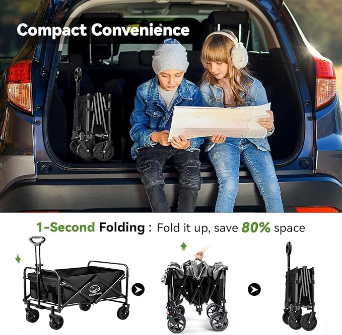 Folding Wagon Cart, Portable Large Capacity Beach，Heavy Duty Utility Collapsible with All-Terrain Wheels，Cart Foldable Wagon for Camping,Shopping,Beach, Garden (Black)