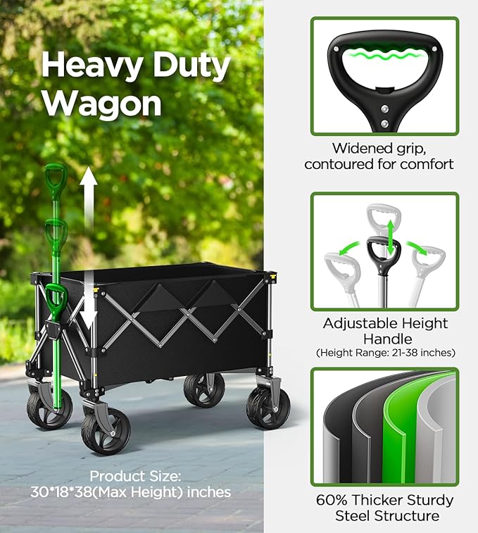 Beach Wagon,Collapsible Wagon 220lbs with Big Wheels FoldableWagon Carts,Portable Utility for Garden Grocery Sports Camping All Terrain-Black