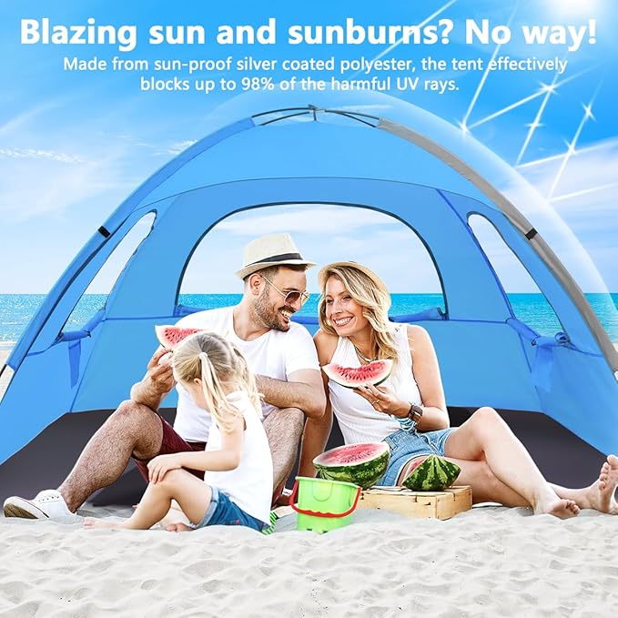 NXONE Beach Tent Sun Shade Shelter for 6 Person with UV Protection, Extended Floor, 3 Mesh Roll Up Windows & 8.5mm Fiberglass Rods丨Carry Bag Included (Sky Blue)