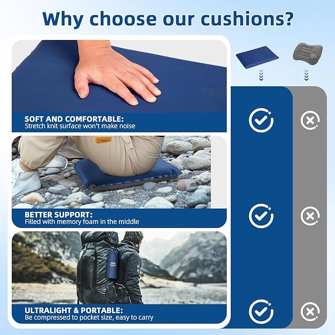 Inflatable Seat Cushion, Lightweight Self-Inflating Memory Foam Seat Cushion for Stadium Camping, Airplane Travel, Bleachers, Waterproof Portable Cushion Chair Pad with Carry Bag (Blue Grey)