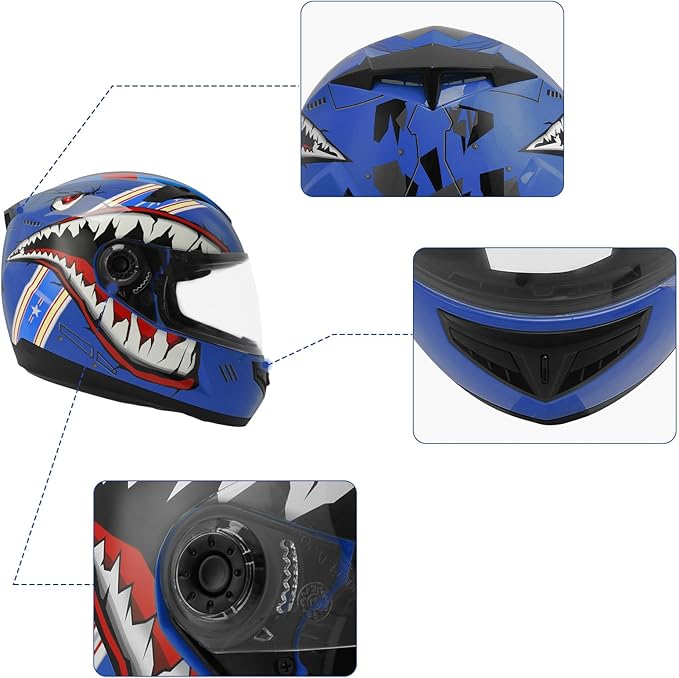 TCT-MOTORPARTS DOT Youth Kids Four Wheeler Helmet Motocross ATV Full Face Helmets for Offroad Street Dirt Bike Go-Kart BMX MX Blue Shark Mouth X-Large
