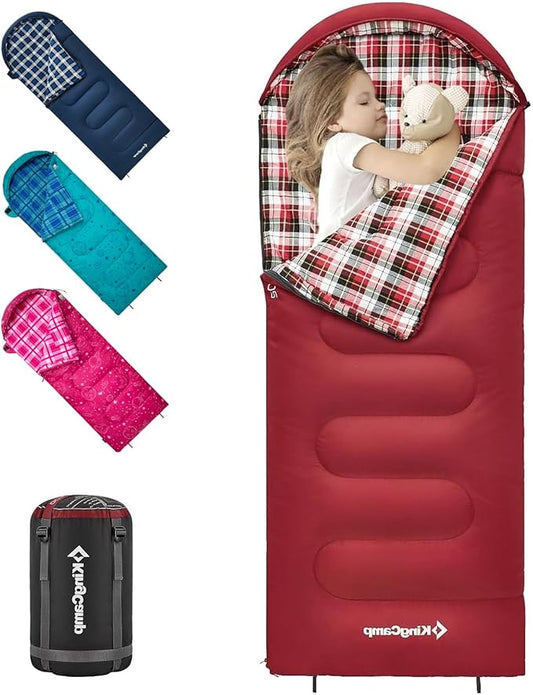 KingCamp 45°F Kids Sleeping Bag, Lightweight Waterproof & Compact Flannel Sleeping Bags Cold Weather & Warm Youth Essentials Gear Accessories for Camping, Fits 10-12 Children up to 5'5" Tall