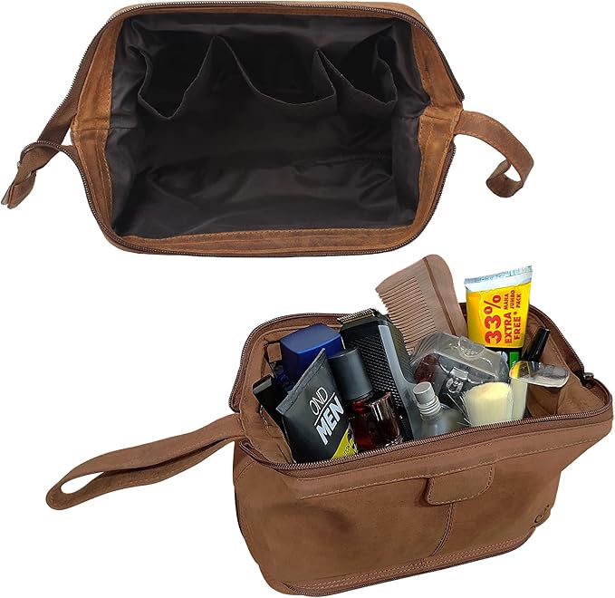 Leather Toiletry Bag for Men - Travel Gift Shaving Dopp Kit - Bathroom Shower Toiletries Organizer - Cosmetic Makeup Bag for Women