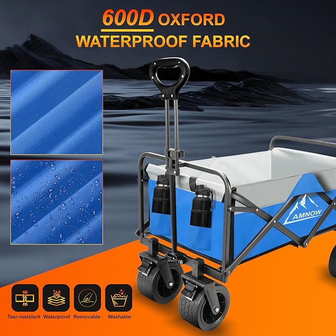 Collapsible Foldable Wagon, Utility Large Capacity Beach Wagon with Big Wheels, Shopping Wagon Cart with Side Pocket and Brakes for Sand Garden Grocery Sports Camping, D-blue