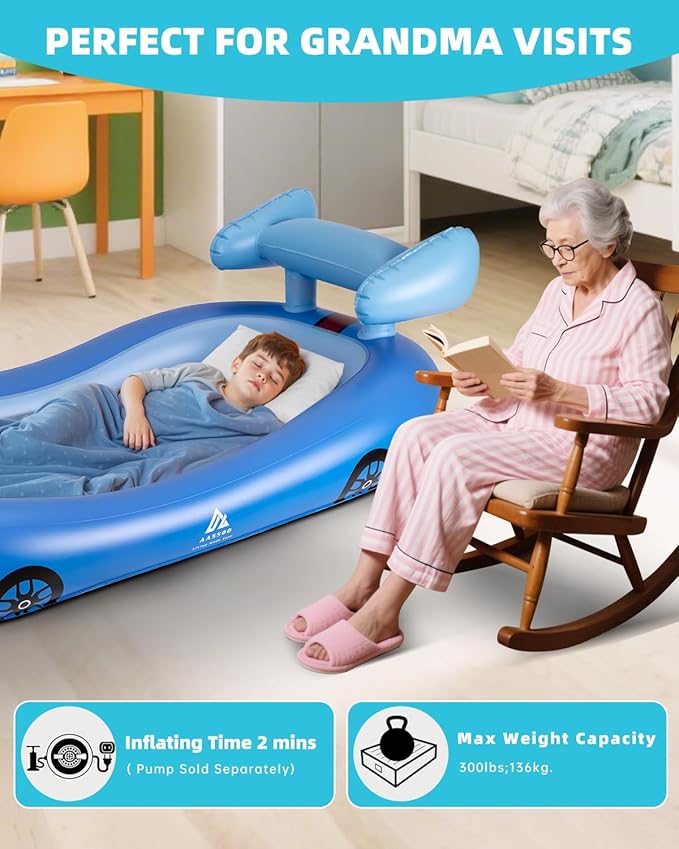 Inflatable Kids Travel Bed with Avocado Hugging Pillow, Lightweight Portable Raised Sides Racecar Toddler Air Mattress, Kids Blow Up Mattress for Home, Hotel, Camping Use, 300 lbs Max