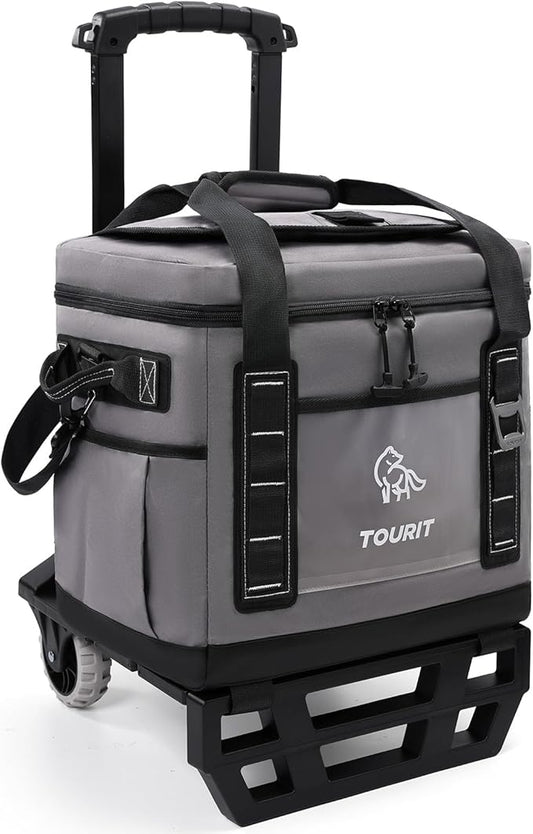 TOURIT Portable 50-Can Collapsible Rolling Soft Cooler with 29L Space & Reinforced All-Terrain Cart with Wheels Easy Transportation, Large Leakproof Travel Beach Ice Chest for Grocery Shopping