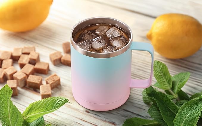 MEWAY 12oz Coffee Mug With Handle and Sliding Lid,Stainless Steel Travel Tumbler Cup with Handle,Double Wall Vacuum Insulated Camping Cup for Hot & Cold Drinks Tea (Bubble Gum,Set of 1)