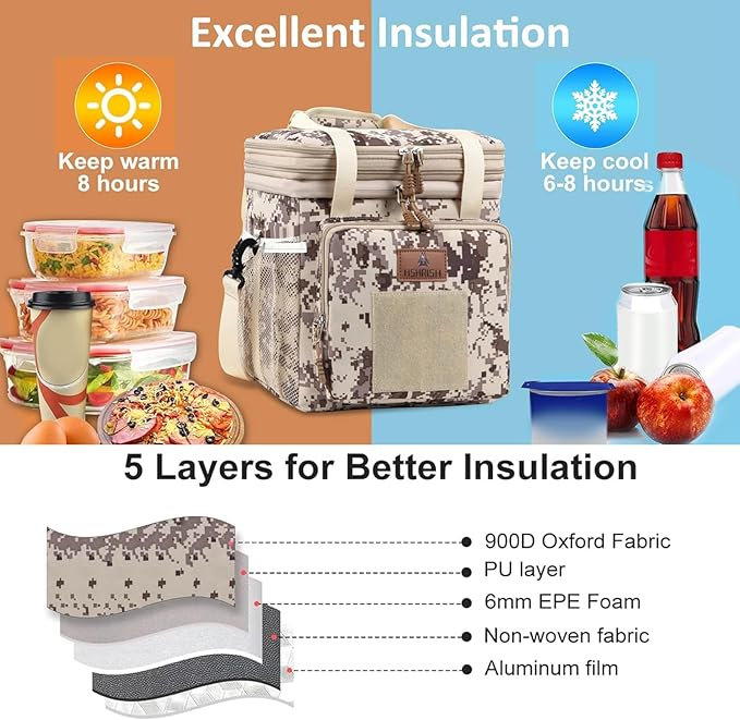 HSHRISH Tactical Lunch Box, Large Expandable Insulated Lunch Bag, Waterproof Durable Cooler Bag for Men/Women/Adults/Work Office Outdoor Picnic Trip,16 L, Camo