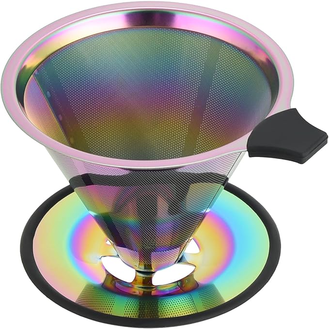 Pour Over Coffee Dripper Filter: Reusable Stainless Steel Coffee Filters - Metal Cone Filter Paperless Single Cup Coffee Maker 1-4 Cup with Double Mesh & Non-slip Cup Stand Multicolour