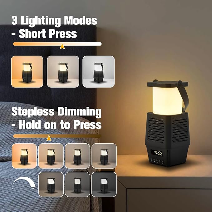 AVANLO 3 in 1 Small Camping Lantern Lamp Bluetooth Speaker for Hiking Portable,Rechargable Outdoor Table Lamp Dimmable Night Light Clock Battery Operated(Included) Cordless Emergency Light 7200mAh