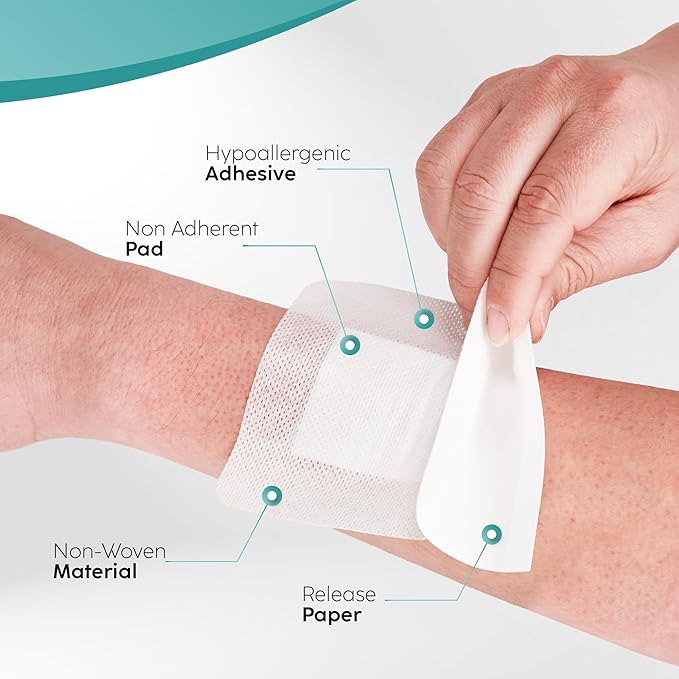 Elleirb Water-Resistant Island Dressing 4x4, Non-Stick Pads w/Adhesive Border Bandages for Wounds | 60 Individually Packed Wound Care & Dressings, Sterile Highly Absorbent, Latex-Free First-Aid Kits