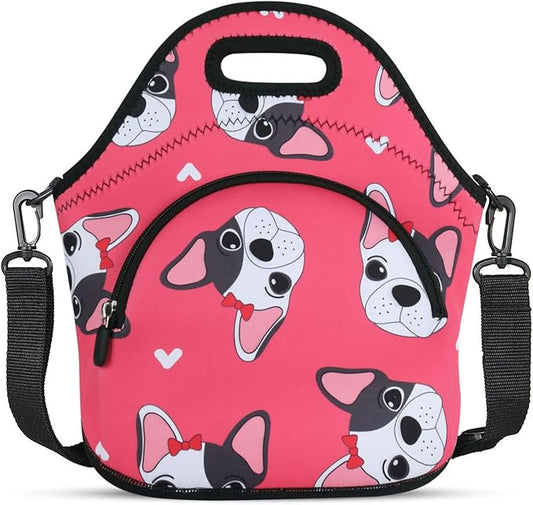 Violet Mist Neoprene Lunch Bag Reusable Insulated Lunch Box with Adjustable Shoulder Strap&Pocket for Women,Men,Adults,Cute Cartoon Dog Pink Snack Bags Anime Animal Work Picnic Travel Food Handbags
