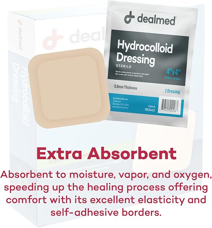 Dealmed Hydrocolloid Dressings–4” x 4” Standard Thickness Hydrocolloid Bandages, Wound Care Products for First Aid Kits, Box of 10 and Individually Packed