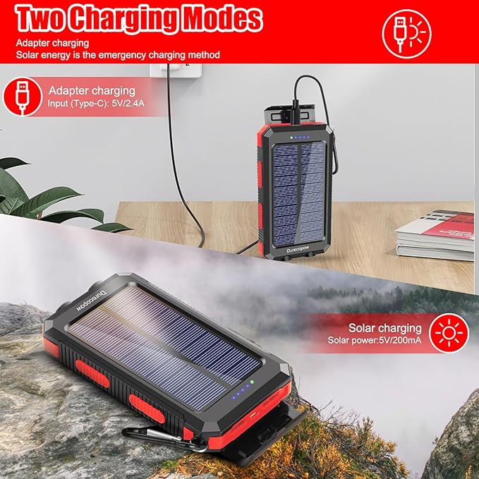 Solar Charger Power Bank, 20000mAh Portable Outdoor Waterproof Solar Battery Charger, Camping External Backup Battery Pack USB C Ports Input/Output, 2 Led Light Flashlight with Compass (Red)