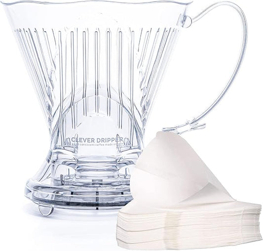 Clever Coffee Dripper and Filters, Large 18 oz, Original Classic Design, Safe BPA Free Plastic, dripper coffee maker, drip coffee maker pour over, 100 filters, coaster and lid, 18 oz (Clear)