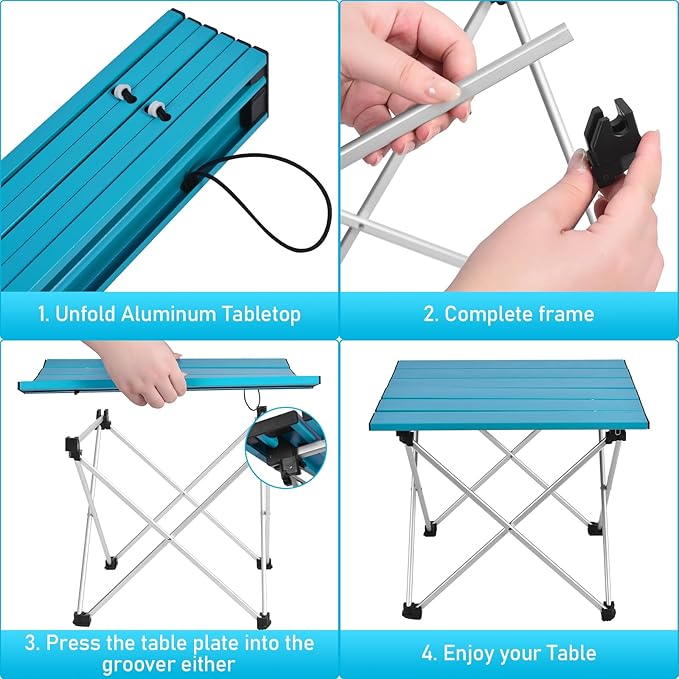 Tesouro Portable Camping Table,Folding Side Table Aluminum Top for Outdoor Cooking, Hiking, Travel, Picnic (Large, Blue)