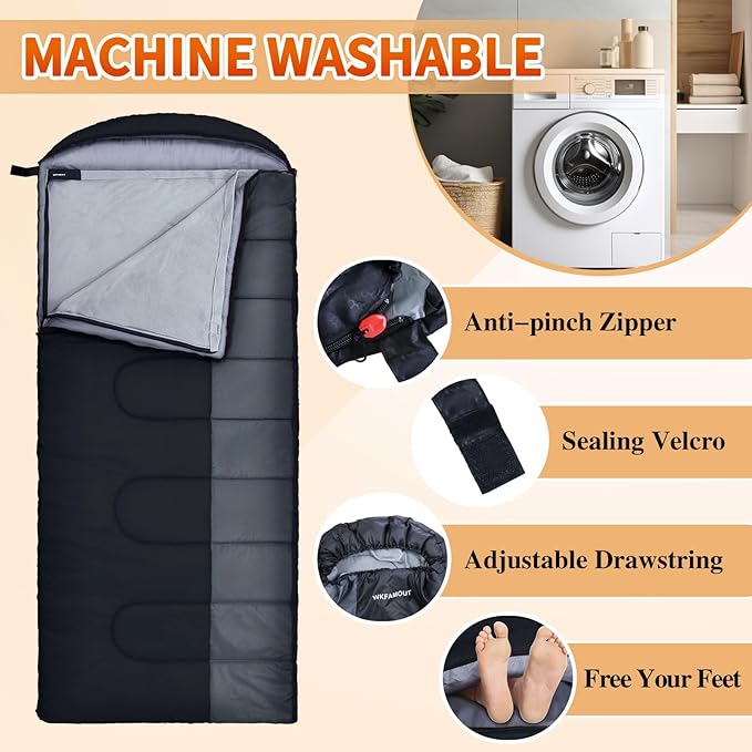 XL 10 Degree Sleeping Bags Waterproof for Adults 350GSM Machine Washable with Compression Sack for 3-4 Season Camping Outdoor