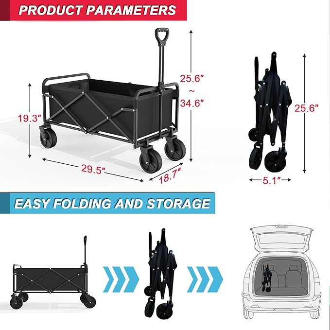 Collapsible Folding Utility Wagons, Foldable with Wheels, Grocery Cart on Wheels, Apartment Trolley Cart for Grocery Shopping Sports Garden Camping