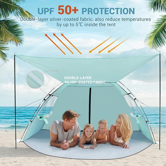 Elegear Beach Tent Sun Shelter with Canopy, 4-5 Person Pop Up Beach Tent, Easy Setup UPF 50+ UV Protection Portable Lightweight Double Silver Coating Cabana Sun Shade Shelter - Green
